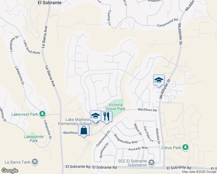 map of restaurants, bars, coffee shops, grocery stores, and more near 12372 Skywood Court in Riverside