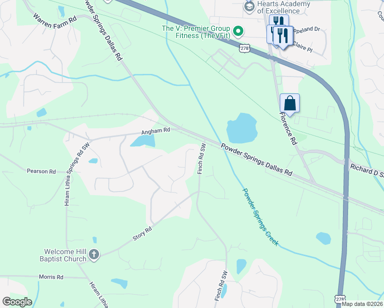 map of restaurants, bars, coffee shops, grocery stores, and more near 5370 Silverwoods Walk in Powder Springs