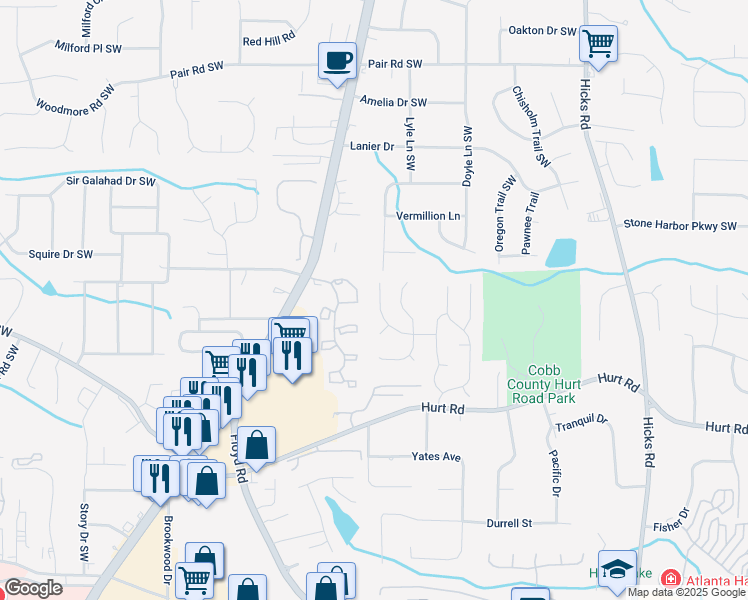 map of restaurants, bars, coffee shops, grocery stores, and more near 1075 Litchfield Way Southwest in Marietta