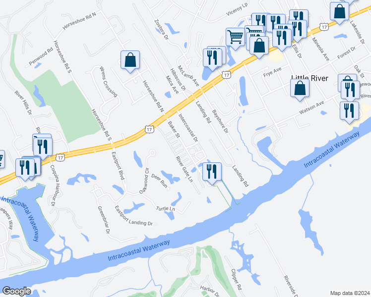 map of restaurants, bars, coffee shops, grocery stores, and more near 4484 Baker Street in Little River