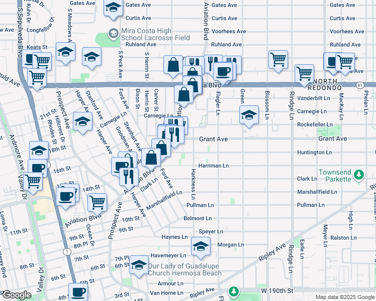 map of restaurants, bars, coffee shops, grocery stores, and more near 1715 Huntington Lane in Redondo Beach