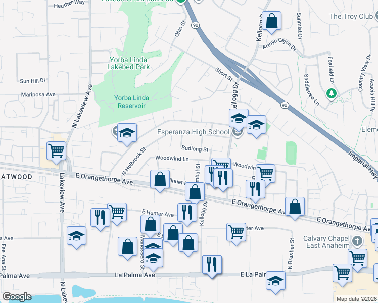 map of restaurants, bars, coffee shops, grocery stores, and more near 4940 Budlong Street in Anaheim