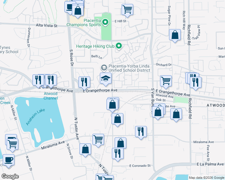 map of restaurants, bars, coffee shops, grocery stores, and more near East Orangethorpe Avenue & Jefferson Street in Anaheim