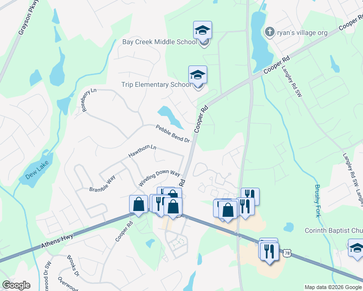 map of restaurants, bars, coffee shops, grocery stores, and more near 963 Cooper Road in Grayson