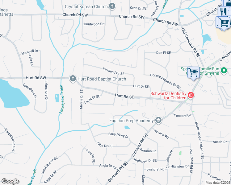 map of restaurants, bars, coffee shops, grocery stores, and more near 167 Hurt Drive Southeast in Smyrna