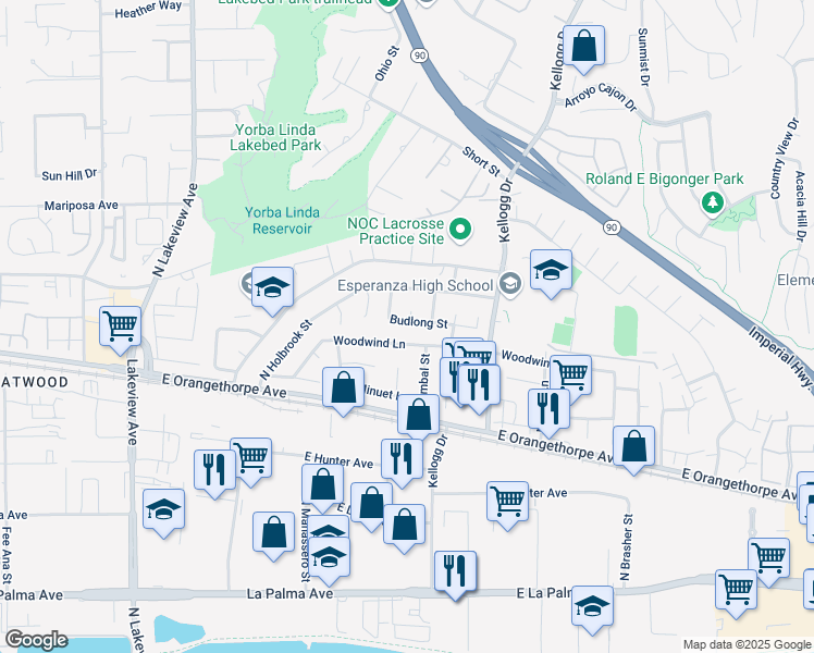 map of restaurants, bars, coffee shops, grocery stores, and more near 4940 Budlong Street in Anaheim