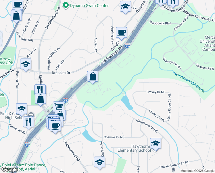 map of restaurants, bars, coffee shops, grocery stores, and more near 3101 Colonial Way in Atlanta