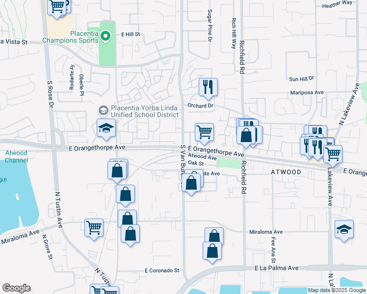 map of restaurants, bars, coffee shops, grocery stores, and more near E Orangethorpe Ave & S Van Buren St in Placentia
