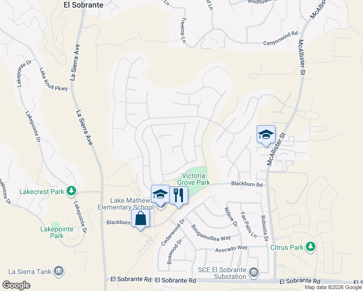 map of restaurants, bars, coffee shops, grocery stores, and more near 12372 Skywood Court in Riverside