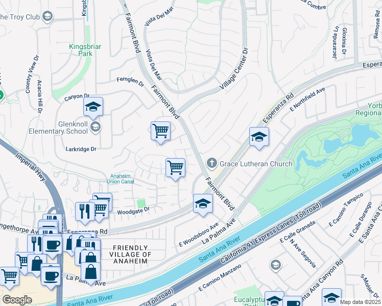 map of restaurants, bars, coffee shops, grocery stores, and more near 6440 Regents Court in Yorba Linda