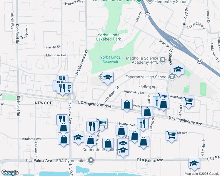 map of restaurants, bars, coffee shops, grocery stores, and more near 1757 North Glenview Avenue in Anaheim