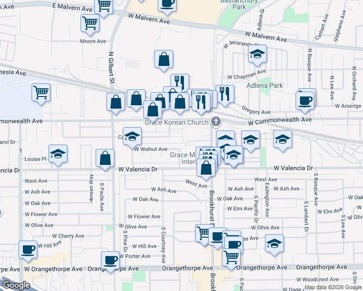 map of restaurants, bars, coffee shops, grocery stores, and more near 165 South Brookhurst Road in Fullerton