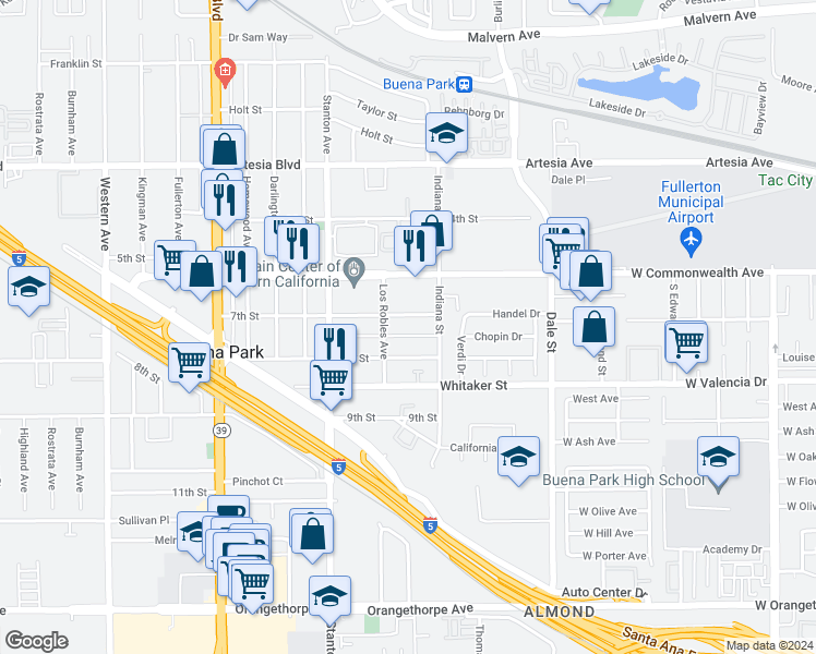 map of restaurants, bars, coffee shops, grocery stores, and more near 6312 Indiana Street in Buena Park