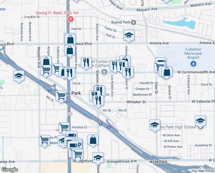 map of restaurants, bars, coffee shops, grocery stores, and more near 8051 7th Street in Buena Park