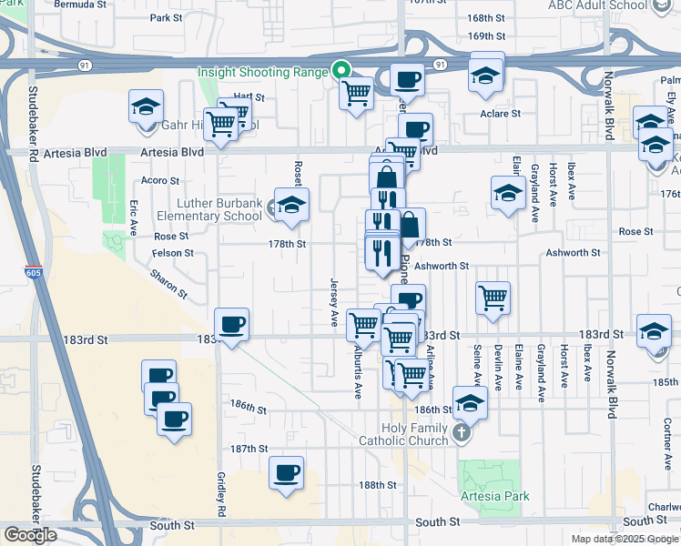 map of restaurants, bars, coffee shops, grocery stores, and more near 17833 Alburtis Avenue in Artesia