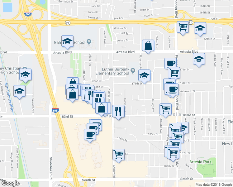 map of restaurants, bars, coffee shops, grocery stores, and more near 17828 1/2 Gridley Road in Artesia