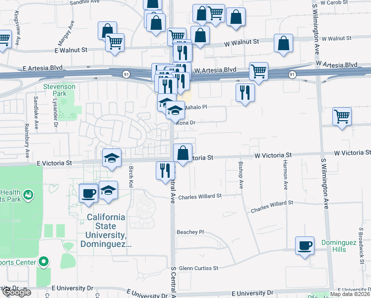 map of restaurants, bars, coffee shops, grocery stores, and more near in Carson