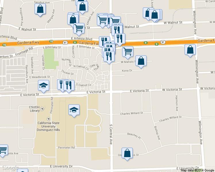 map of restaurants, bars, coffee shops, grocery stores, and more near 17812 Poplar Court in Carson
