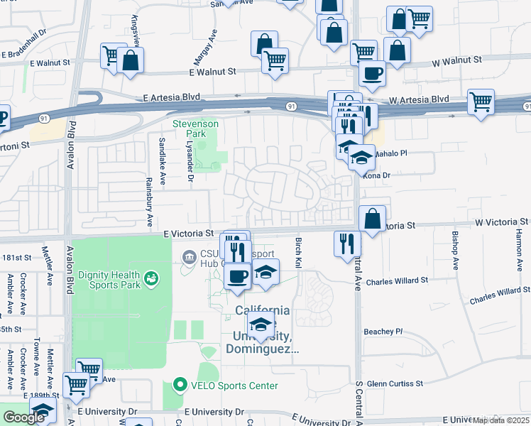 map of restaurants, bars, coffee shops, grocery stores, and more near 17661 Loganberry Road in Carson