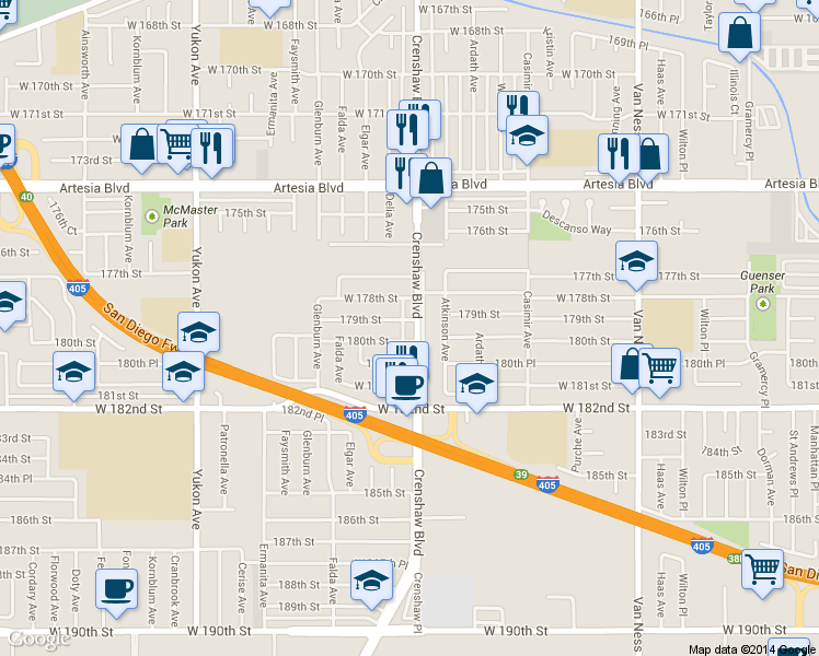 map of restaurants, bars, coffee shops, grocery stores, and more near 3119 West 179th Street in Torrance