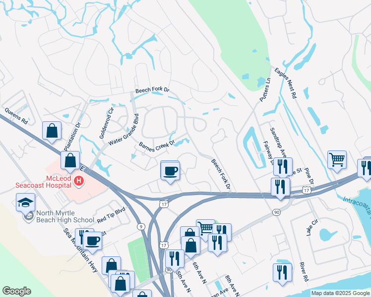 map of restaurants, bars, coffee shops, grocery stores, and more near 4482 Little River Inn Lane in Little River