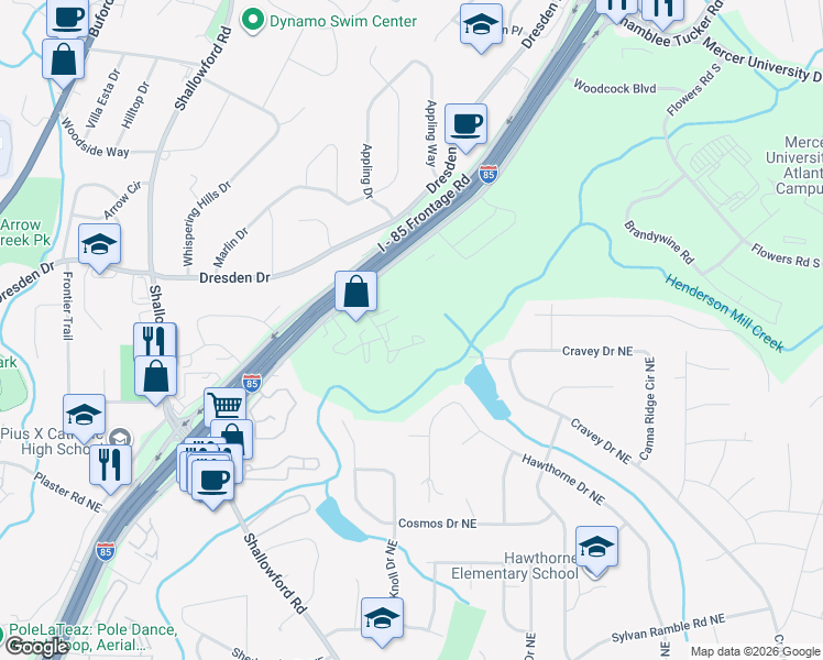 map of restaurants, bars, coffee shops, grocery stores, and more near 3101 Colonial Way in Atlanta