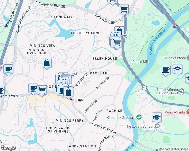 map of restaurants, bars, coffee shops, grocery stores, and more near 3130 Paces Mill Road Southeast in Atlanta