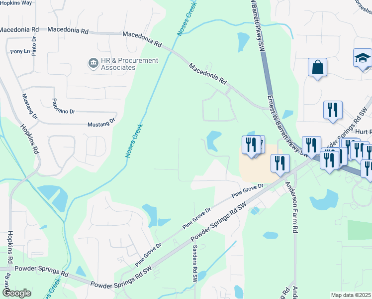 map of restaurants, bars, coffee shops, grocery stores, and more near 3060 Robertswood Drive in Powder Springs