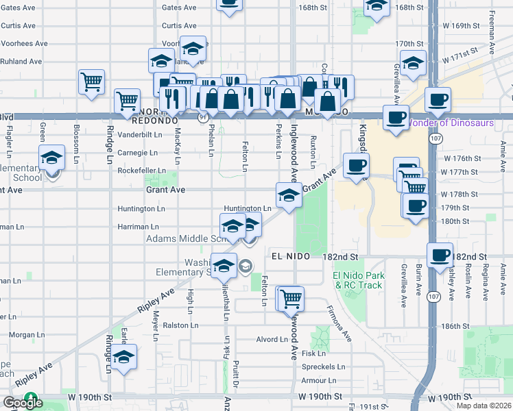 map of restaurants, bars, coffee shops, grocery stores, and more near 2607 Huntington Lane in Redondo Beach