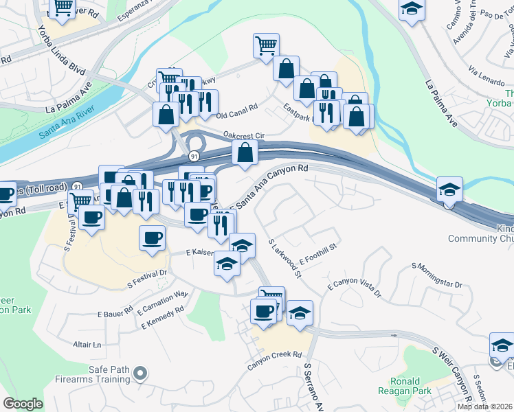map of restaurants, bars, coffee shops, grocery stores, and more near 8482 East Amberwood Street in Anaheim