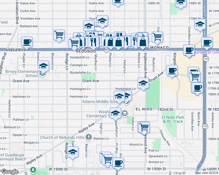 map of restaurants, bars, coffee shops, grocery stores, and more near 1503 Phelan Lane in Redondo Beach