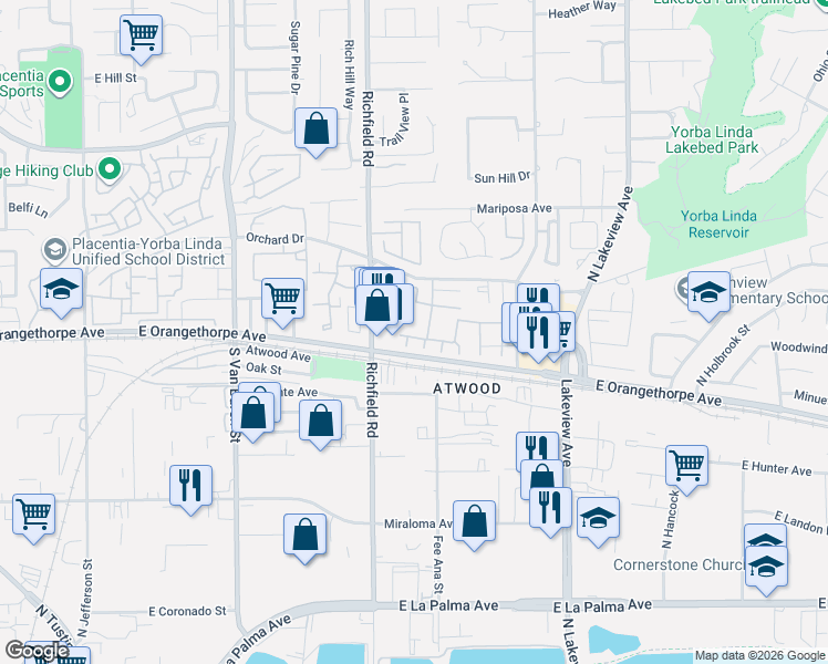 map of restaurants, bars, coffee shops, grocery stores, and more near 1820 East Taft Lane in Placentia