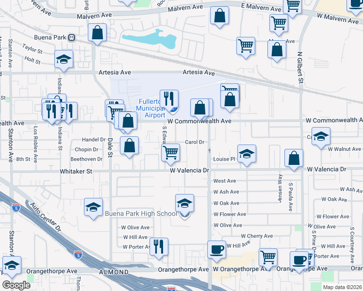 map of restaurants, bars, coffee shops, grocery stores, and more near 4005 Carol Drive in Fullerton