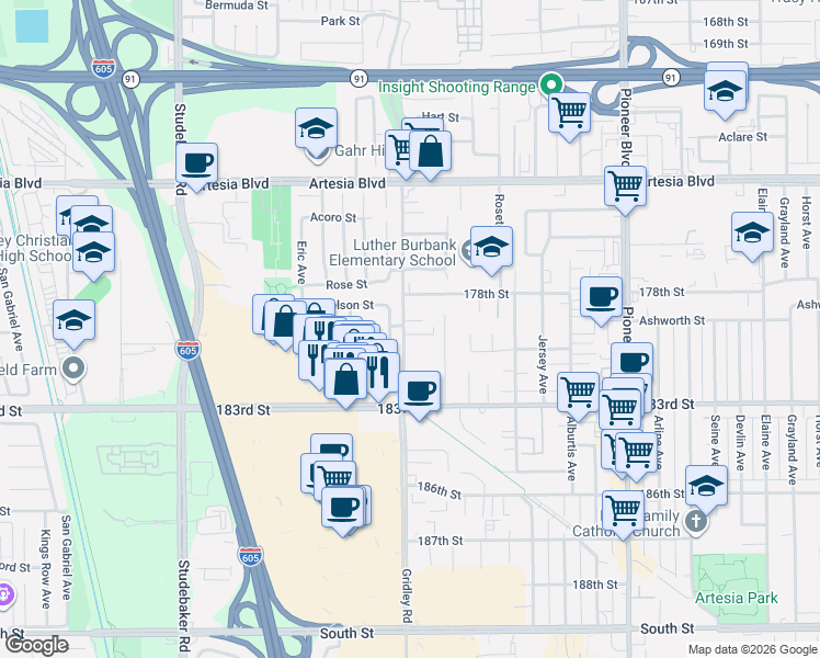 map of restaurants, bars, coffee shops, grocery stores, and more near 17828 1/2 Gridley Road in Artesia
