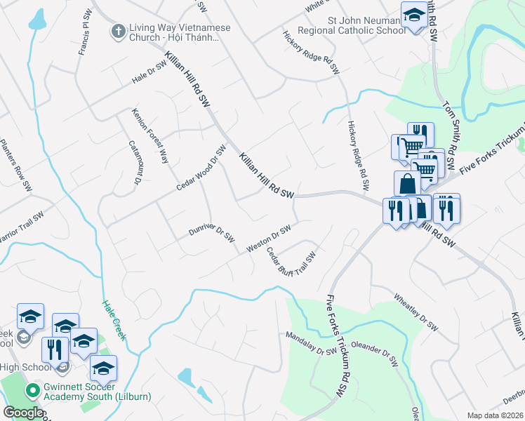 map of restaurants, bars, coffee shops, grocery stores, and more near 4294 Cedar Creek Drive Southwest in Lilburn
