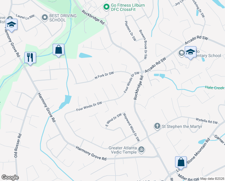 map of restaurants, bars, coffee shops, grocery stores, and more near 235 Chambre Court Southwest in Lilburn