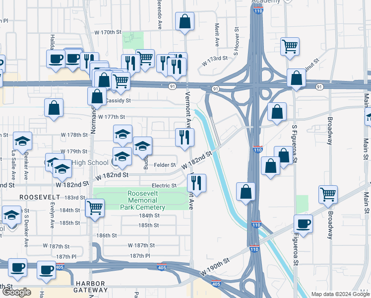 map of restaurants, bars, coffee shops, grocery stores, and more near 235 Amethyst Circle in Gardena