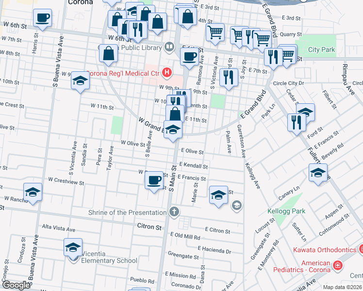 map of restaurants, bars, coffee shops, grocery stores, and more near 1205 South Main Street in Corona