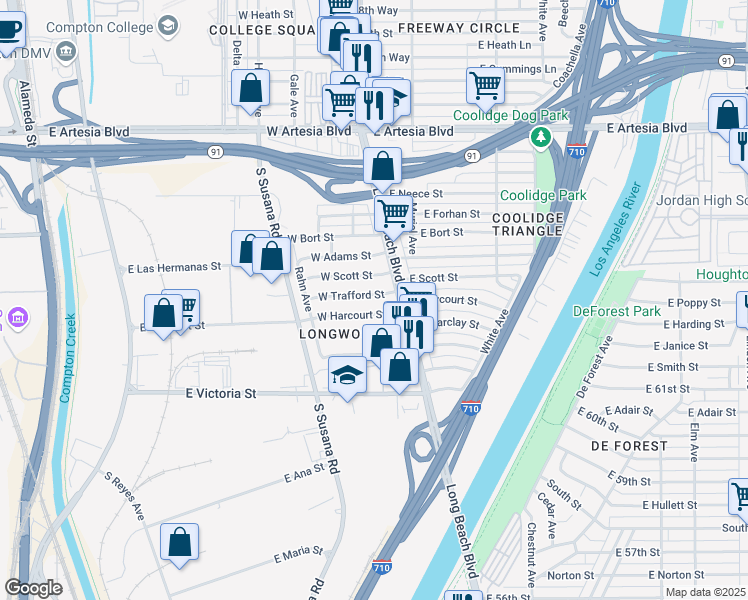 map of restaurants, bars, coffee shops, grocery stores, and more near 50 West Trafford Street in Long Beach