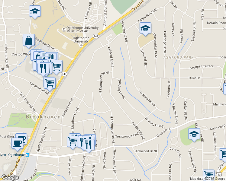 map of restaurants, bars, coffee shops, grocery stores, and more near 2769 Ashford Road Northeast in Atlanta