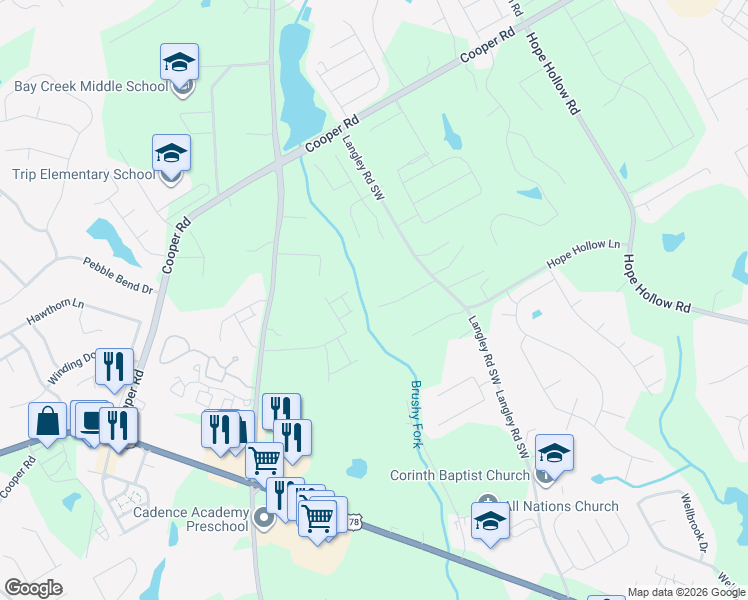 map of restaurants, bars, coffee shops, grocery stores, and more near 470 Langley Creek Drive in Loganville
