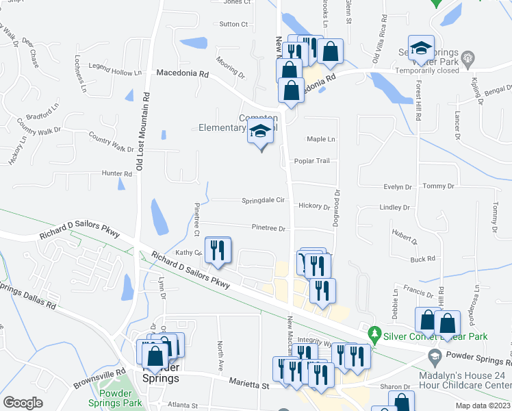 map of restaurants, bars, coffee shops, grocery stores, and more near 4245 Springdale Circle in Powder Springs