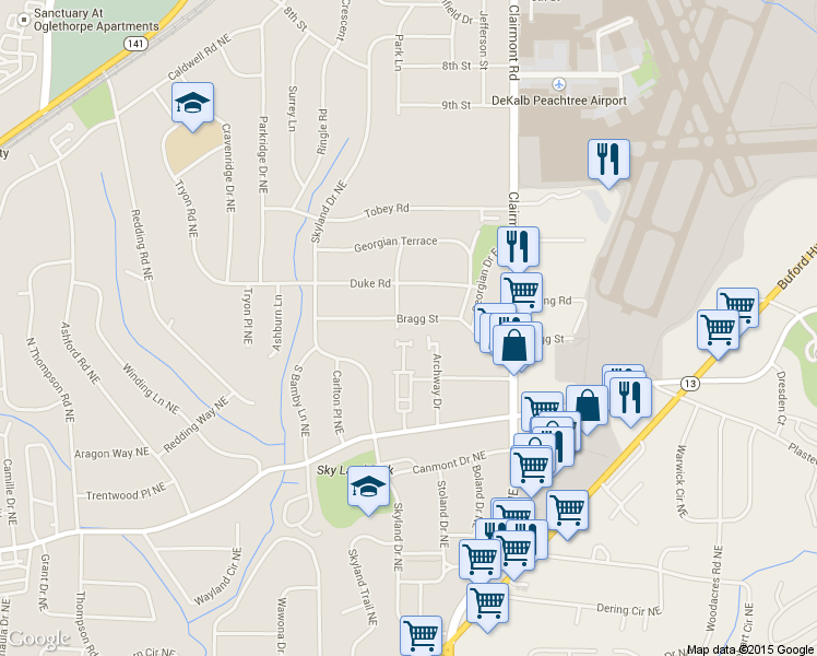map of restaurants, bars, coffee shops, grocery stores, and more near 1837 Bragg Street in Atlanta