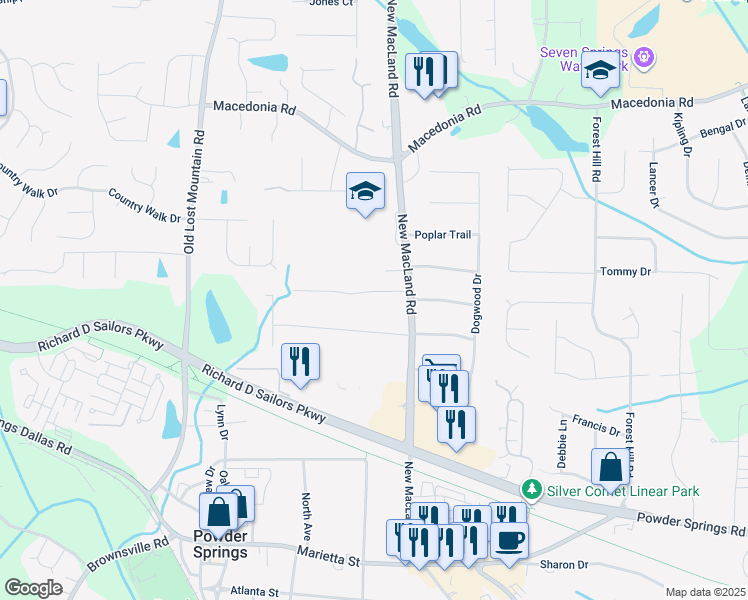 map of restaurants, bars, coffee shops, grocery stores, and more near 4225 Springdale Circle in Powder Springs