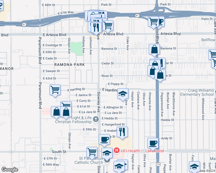 map of restaurants, bars, coffee shops, grocery stores, and more near 6220 Verdura Avenue in Long Beach