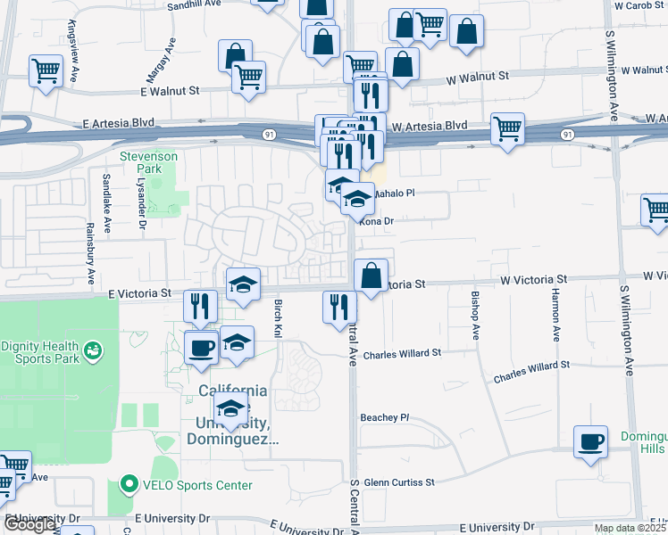 map of restaurants, bars, coffee shops, grocery stores, and more near 17812 Poplar Court in Carson