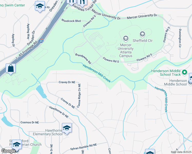 map of restaurants, bars, coffee shops, grocery stores, and more near 2976 Cravey Trail Northeast in Atlanta