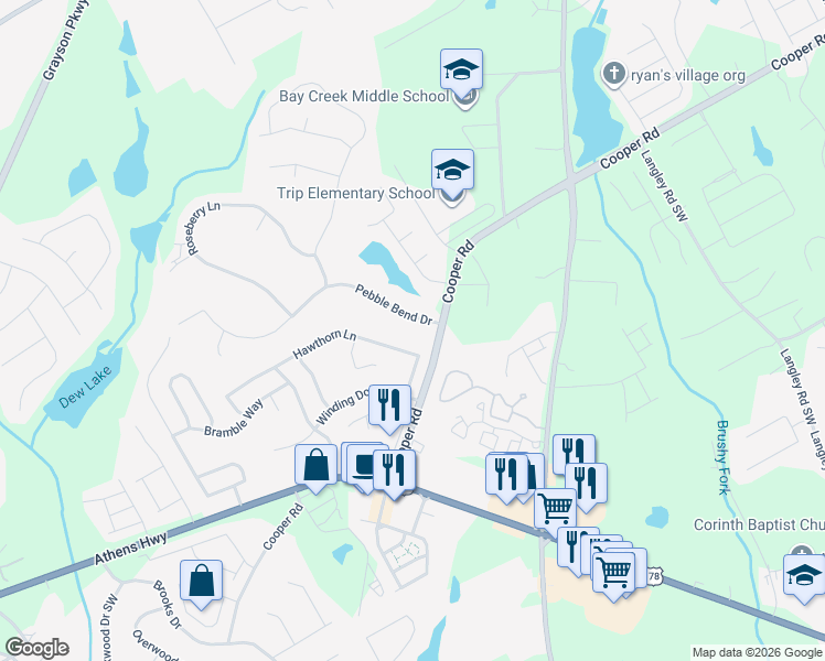 map of restaurants, bars, coffee shops, grocery stores, and more near 963 Cooper Rd in Grayson