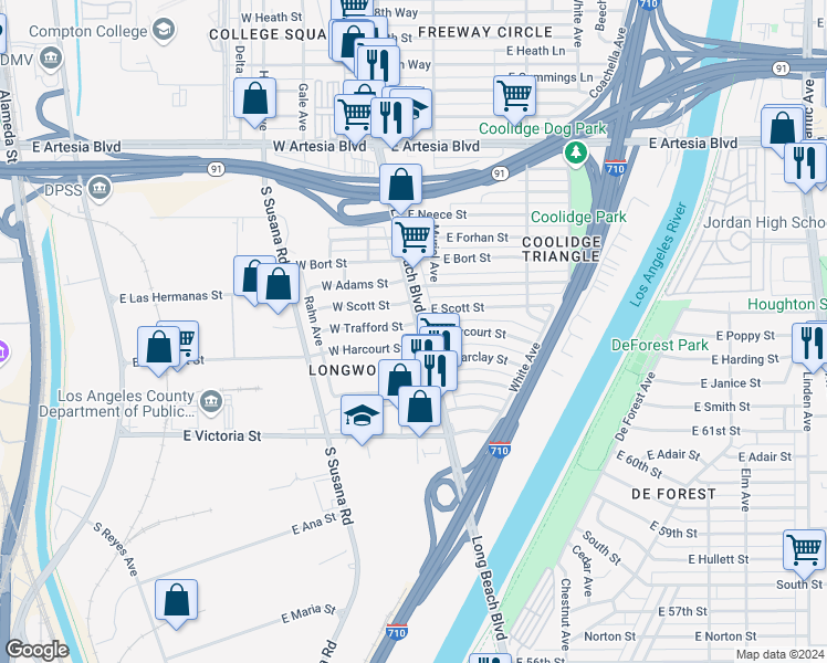 map of restaurants, bars, coffee shops, grocery stores, and more near 10 West Trafford Street in Long Beach
