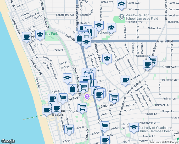 map of restaurants, bars, coffee shops, grocery stores, and more near 803 18th Street in Hermosa Beach